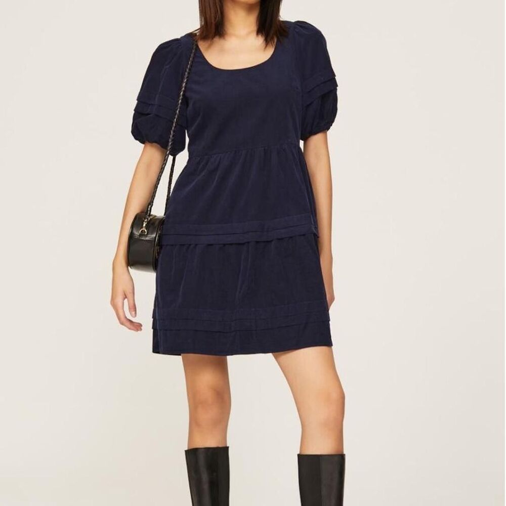 Madewell Corduroy Puff-Sleeve Tiered Mini Dress - Navy Blue - Size Large